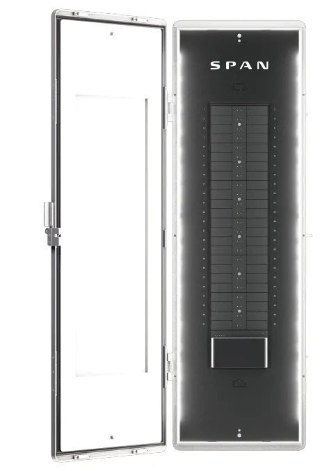 Open SPAN Smart Panel showing its numbered circuit breakers