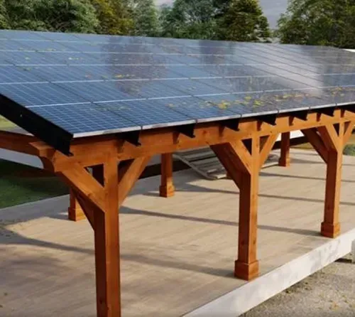 Timber-frame solar pergola over a patio, built by AEC Solar